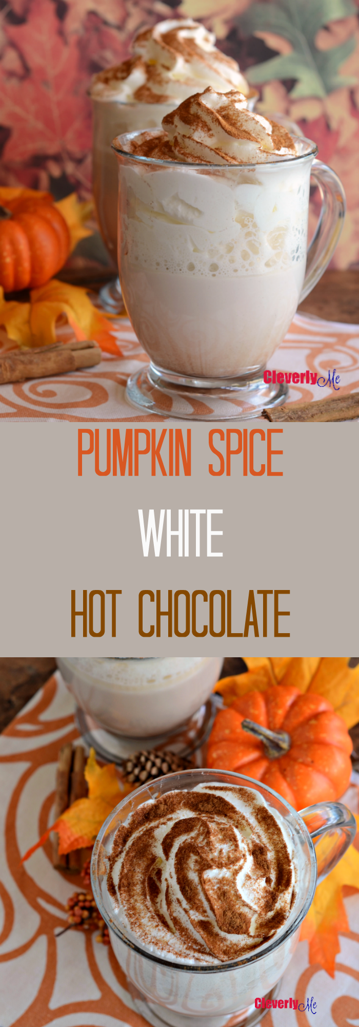 This rich and creamy Pumpkin Spice White Hot Chocolate drink is absolutely the perfect treat to enjoy during the fall season. Get the recipe at CleverlyMe.com