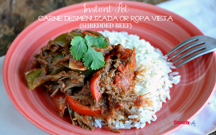 Make this easy Nicaraguan-inspired Instant Pot Carne Desmenuzada or Ropa Vieja (Shredded Beef) any day of the week in under 20 minutes! Get the recipe at CleverlyMe.com