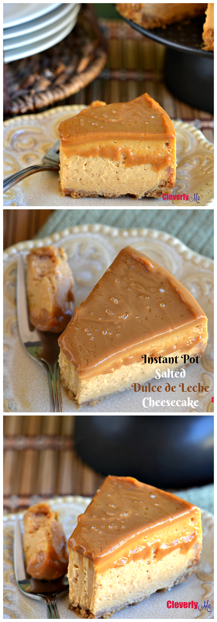 Looking for an easy dessert? This sweet and salty Instant Pot Salted Dulce de Leche Cheesecake Recipe can't be beaten! Your friends and family will be totally impressed, guaranteed. Get the recipe at CleverlyMe.com