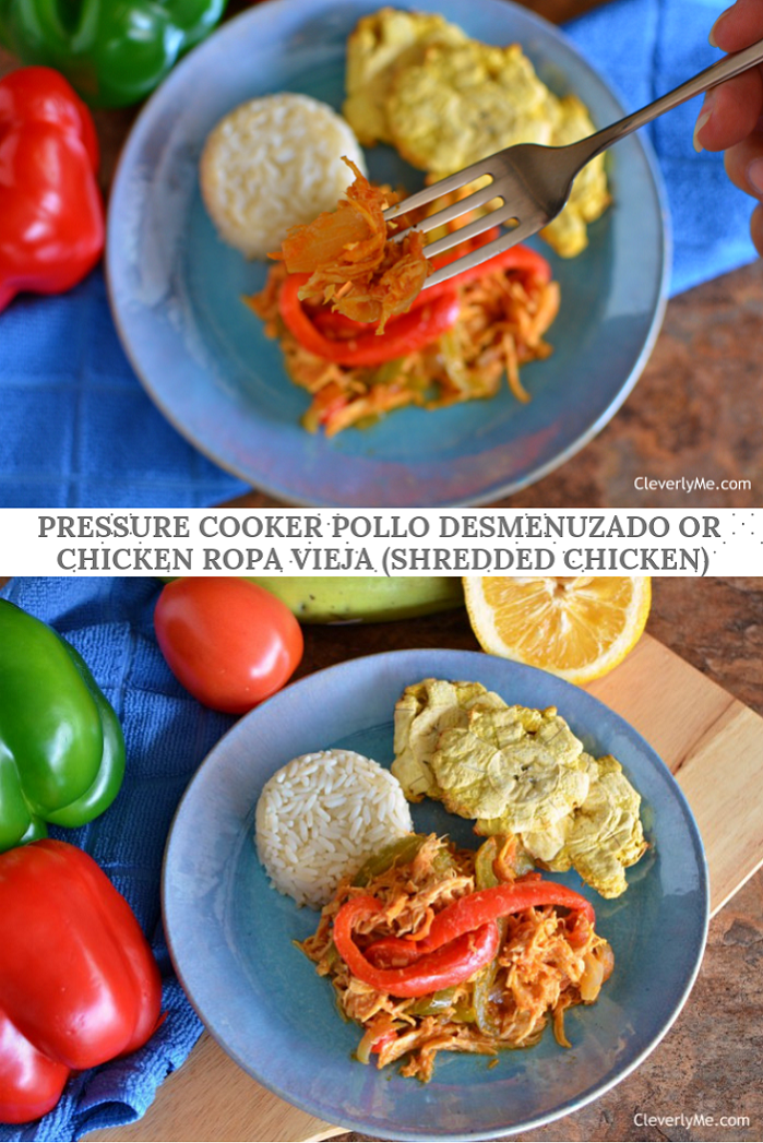 Make this super delicious and easy to prepare Nicaraguan-Inspired Pressure Cooker Pollo Desmenuzado or Chicken Ropa Vieja (Shredded Chicken) any weekday or weekend in under 30 mins. Find the recipe at CleverlyMe.com
