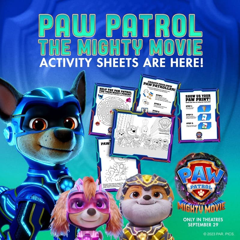 Paw Patrol: The Might Movie arriving in theaters on September 29, 2023! Head on over to CleverlyMe.com to check out the movie trailer and to print a set of activity sheets.